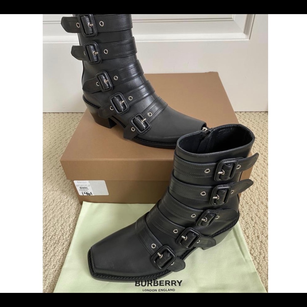 Burberry Buckled Leather Peep-toe Ankle Boots